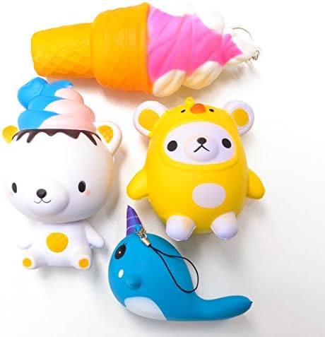 Jumbo Squishy Toy Set - 4pc Jumbo Squishies, Scented, Stress Relief, Kawaii | Super Slow Rising Animal Squishy Set | Includes Blue Whale, White Teddy, Yellow Teddy and Ice Cream | Cute Charms