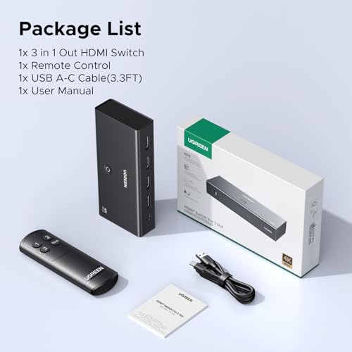 UGREEN HDMI Switch 3 in 1 Out, 4K@60Hz HDMI Splitter with Remote Supports HDR10+, 3D, Dolby Atmos, HDCP 2.2 Switcher Compatible with PS5/4/3 Xbox Series Roku TV Fire Stick Blu-Ray Player