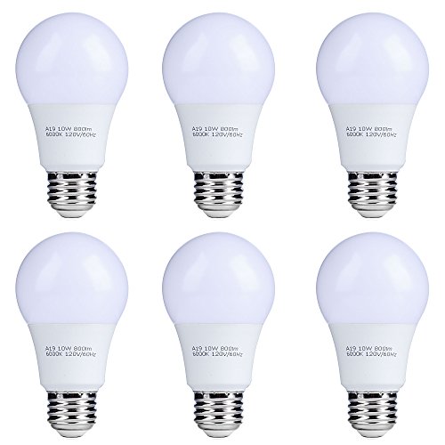 6-Pack 10W A19 LED Light Bulbs UL-Listed Energy Star,800lm 6000K Daylight White ,Non-Dimmable 80Watt Equivalent, ideal for Downlights, Track lights, Indoor & Outdoor Light Fixture