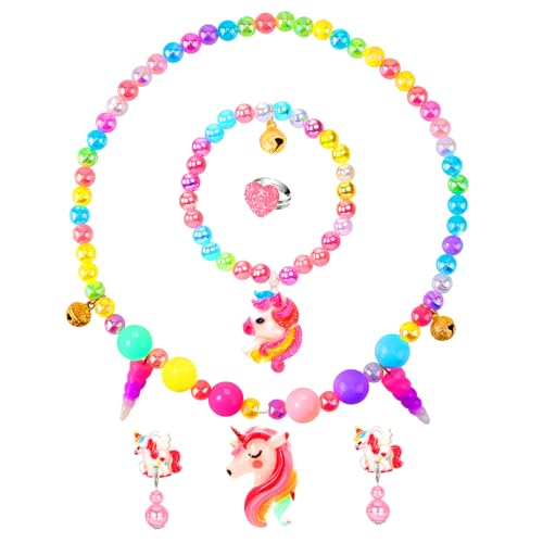 Jewelry Toys for Girls, Unicorn Necklace Bracelet, Clip On Earrings Adjustable Rings for Princess Dress Up Pretend Play, Kids Play Jewelry Glow Costume Accessories Little Girl Christmas Birthday Gifts