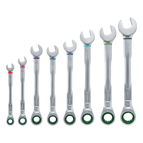 Bosch Schraubenschlüssel/Ratschen-Kombischlüssel-Set, 8-teilig (Ultimativer Komfort durch Kombination aus Maul-und Ratschenschlüssel, hochwertig und rostbeständig, farbcodierte Größenangabe)