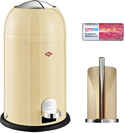 Wesco Kickmaster junior 12-Liter Abfallsammler mandel + Küchenrollenhalter mandel + 28 Müllbeutel im Set