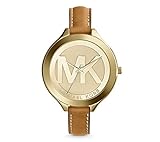Michael Kors Mid-Size Luggage Leather/Goldtone Stainless Steel Slim Runway Three-Hand Watch