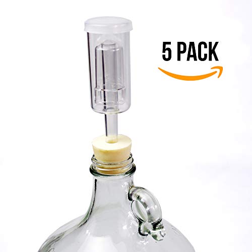 (5 Pack) Three-Piece Airlock and Drilled #6 Stopper Fermentation Beer Making Wine Making Kombucha Fits Gallon Jugs (5)