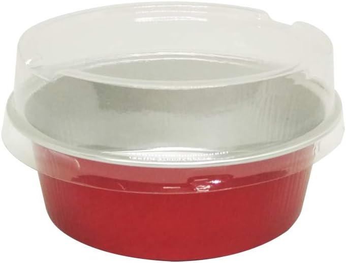 Set of 24, MYStar 3-3/4" Round Shape Non-stick Aluminum Cups, Tarlet Pans, Mini Pie Tins with Lids and Spoons for Muffin, Cupcake & Pudding, 150ml, Red
