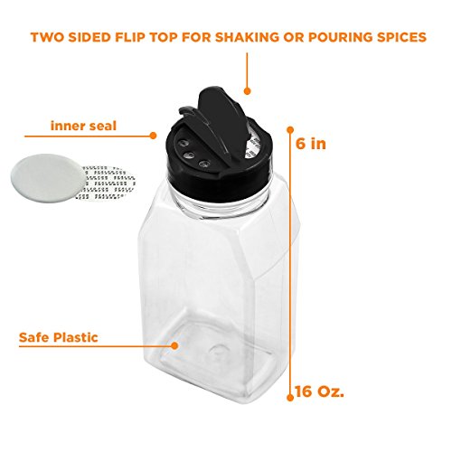 LARGE 16OZ CLEAR PLASTIC SPICE CONTAINERS BOTTLE JARS - FLAP CAP TO POUR OR SIFTER SHAKER. USED TO STORE SPICES, HERBS AND IS REFILLABLE-BPA FREE (6, black caps)