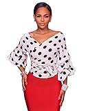 Women's Elegant V Neck Wrap Long Puff Sleeve Polka Dots Blouse Shirt Tops with Belt White, X-Large