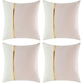 Fancy Homi 4 Packs Pink Decorative Throw Pillow Covers 18x18 Inch for Living Room Couch Bed, Blush Pink and White Velvet Patchwork with Gold Leather, Luxury Home Decor Square Cushion Case 45x45 cm