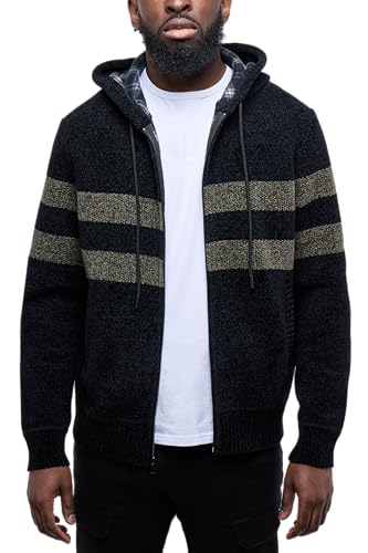 CULTURA AZURE Mens Zip Up Plaid Lined Knit Cardigan Hooded Sweater, Full Zip Cl…