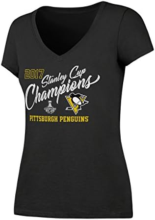 Old Time Sports NHL Pittsburgh Penguins Women's 2017 Stanley Cup Champions Women's Ots Rival V-Neck Tee, Large, Charcoal