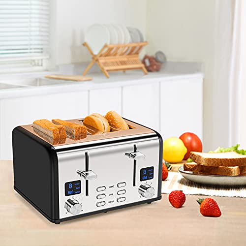 Playoos Toaster 4 Slice, Stainless Steel Toaster with LED Digital Timer