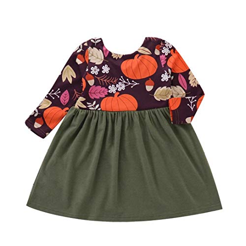Hunzed Halloween Infant Baby Girls Pumpkin Print Splice Dress, Toddler Long Sleeve Dress (12M, Green)