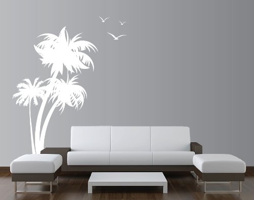 Innovative Stencils 1132 84 mwhite Palm Coconut Tree Nursery Wall Decal with Seagull Birds, White