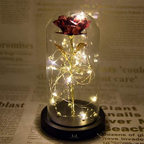 Louis-Garden-Beauty-and-The-Beast-Rose-Kit-Colorful-Gold-Foil-Rose-and-Led-Light-in-Glass-Dome-on-Black-Wooden-Base-for-Home-Decor-Holiday-Party-Wedding-Anniversary-24K-Red-Rose