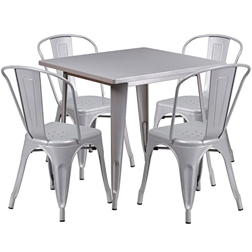 Flash Furniture 31.5'' Square Silver Metal Indoor-Outdoor Table Set with 4 Stack Chairs