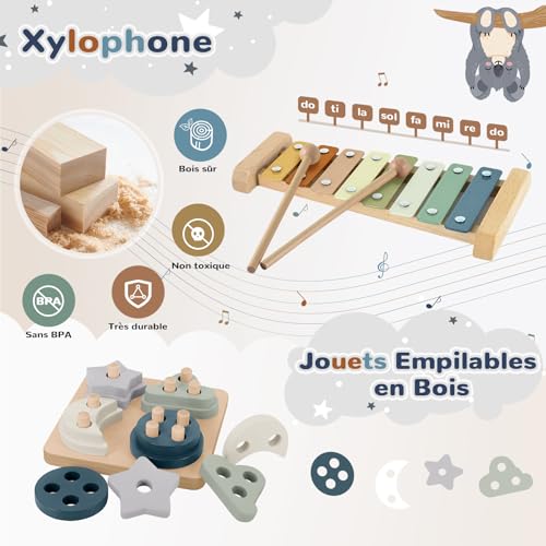 Generic Baby Toy 6 Months and Above, 5 in 1 Montessori Toy, Sensory Baby Games with Sorting Shapes and Stacking, Xylophone, Silicone Pull Rope Set, Stackable Cups, Baby Gift 6, 8, 9, 12 Months