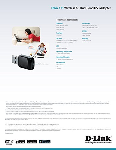 D-Link Wireless Dual Band AC600 Mbps USB Wi-Fi Network Adapter (DWA-171)