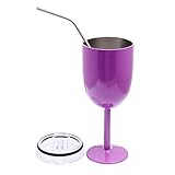 Amzwt Stainless Steel Double Walled Wine Glasses Unbroken Insulated Goblet with Lid and Stainless Steel Straw(10oz Purple)