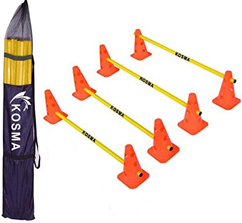 Kosma 12Pc Dog Agility Training Set | Adjustable Speed Agility Training Hurdles Set - 8 Durable 15 Inch Orange Cones with 12 holes & 4 Yellow Poles 100 cm - In Carry Bag