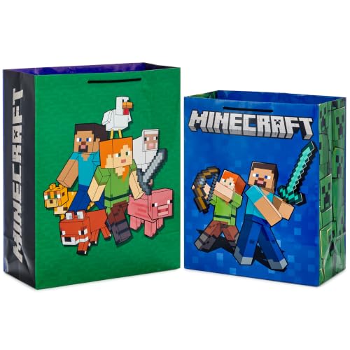 Hallmark Minecraft Gift Bags, 2-Pack (13" Large Blue Bag, 15" XL Green)