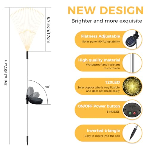 CNMTCCO Solar Feuerwerk Gartenlichter, Solar Garten Dekorative Lichter mit 120 LED Warmweiß Solarstecker Gartenleuchten für Hinterhof Weg Rasen Terrasse (2 Stück warmweiß)