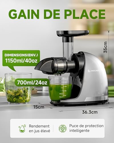 Extracteur Jus - Extracteur de Jus de Fruits et Légumes - Presses-agrumes à Froid sans BPA avec 2 Tasses et Brosse - Fonction de Mastication Inversée pour Éviter les Blocages - Argent