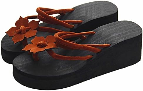 Qisc Women's Summer Beach Leisure Flower Non-Slip Flip Flops Wedge Sandals Thong Shoes High Heels Slippers (US Size: 7, Coffee)