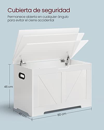 VASAGLE Storage Pouffe, Storage Bench with 2 Safety Hinges, Storage Chest, Shoe Bench, Country Style, 40 x 80 x 46 cm, for Hallway Bedroom Living Room, Cloud White LSB062T14
