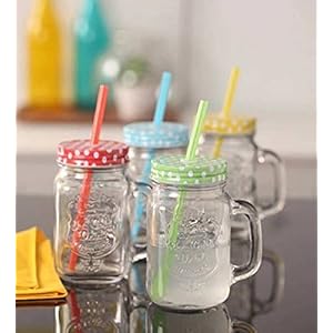Ash & Roh® – 400ml Glass Jar with Straw and Handle | Solid Containers for Juice water shakes and Milk | Home and…