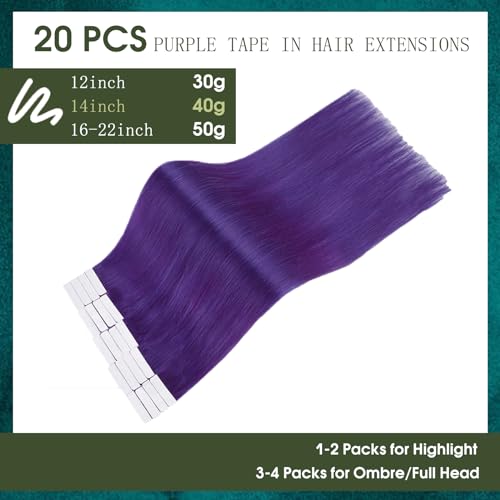 RUNATURE Natural Hair Extensions Adhesive Invisibility 40cm 20pcs 50g #Purple
