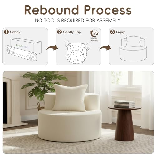 Accent Chair, Round Chaise Lounge Chair with Deep Seat, Modern Chenille Upholstered Lounge Chair, No Assembly Floor Sofa for Living Room Bedroom Apartment, 34.65 Inch Wide, Beige