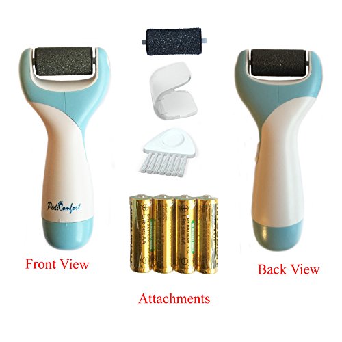 PediComfort Pedicure Electronic Foot File - Callus Remover, Foot Care Tool with Extra Coarse Rollers to Shave Rough Cracked Hard Dead Skin of Feet (White-Blue)