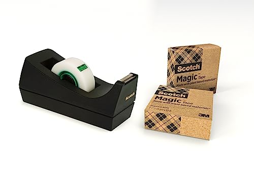 Scotch Dispenser Nero- 100% Plastica Riciclata- Include 3 rotoli Nastro Adesivo Invisibile Scotch Magic Green, 19 mm x 33-Multiuso per Casa, Ufficio e Scuola-