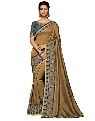 DesiButik's Party Wear Lovely Golden Satin Silk Saree - Thumbnail 5