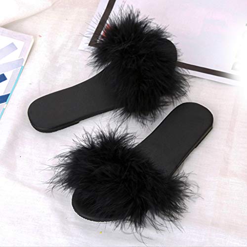 Plush Slippers for Women，Londony Soft Plush Fleece House/Outdoor Slippers Memory Foam Slip On Anti-Skid Sole Black - Thumbnail 3