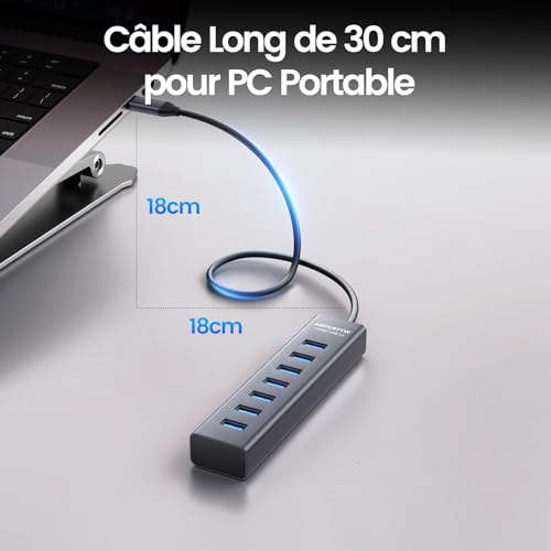 7 Port USB 3.0 Hub, Aluminium Hub with 120 cm Cable for Desktop, USB Multiport Adapter with 4 USB-A & 3 USB-C, 5V 3A Type-C for PC, Laptop, MacBook, MacBook, Mouse, Keyboard, U Disk etc