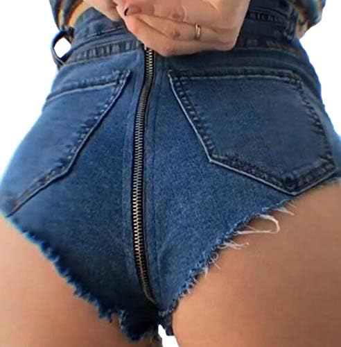 GRMO Women Fringes High Rise Sexy Back Zipper Thong Denim Shorts Jeans Shorts