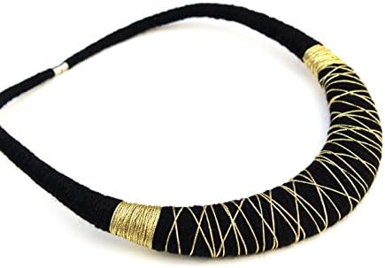 Black and Gold Elegant Ethnic Handmade Wrapped Textile Crochet Statement Fashion Ecofriendly Collar Necklace Jewelry Jewellery Made with Cotton Threads Party New Year