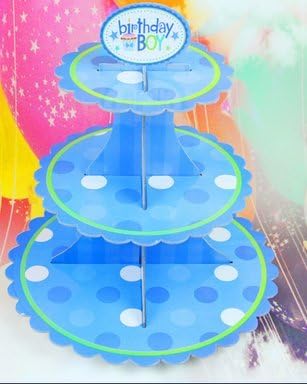 JoyAcc 3-Tier Birthday Party Cupcake Stand and Tower with 12 pcs Cupcake Toppers, 14 x 12 Inches, For Birthday Boy