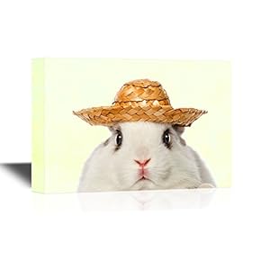 Canvas Wall Art - White Rabbit Wearing a Hat - Gallery Wrap Modern Home Art | Ready to Hang - 12x18 inches
