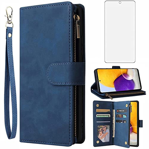 Asuwish Compatible with Samsung Galaxy A72 5G/4G Wallet Case Tempered Glass Screen Protector and Leather Flip Cover Card Holder Stand Cell Phone Cases for Glaxay A 72 G5 Gaxaly 72A S72 Women Men Blue