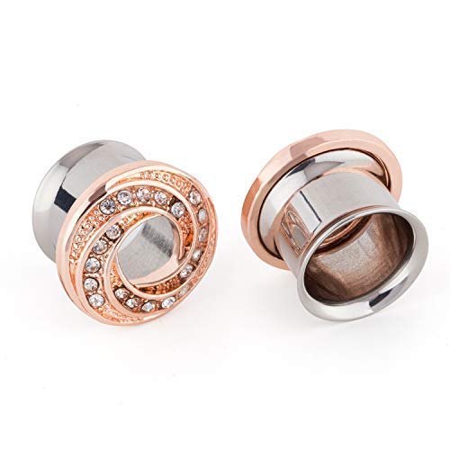 WBRWP 2pcs Stainless Steel Rhinestone Crystal Rose Ear Plugs Tunnels Expander Ear Gauges Stretcher Body Piercing 2g-5/8 (Rosegolden 2g(6mm))