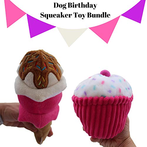 Dog Birthday Chew Toy Bundle - Dog Birthday Toy Set Includes 6" Cupcake Dog Chew Toy and 9.5" Ice Cream Cone Squeaker Toy | Plush Dog Birthday Treats 2 Chew Toys Set