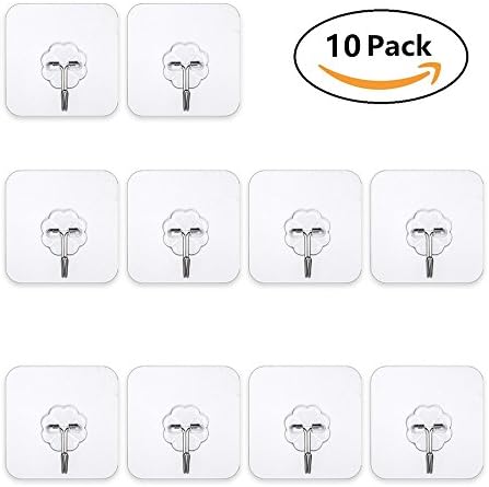 10pcs Adhesive Hooks 22lbs Heavy Duty Transparent Wall Hooks Nail Free No Scratch Waterproof Reusable Seamless Sticky Hook for Bathroom Kitchen Wall Door Ceiling and More