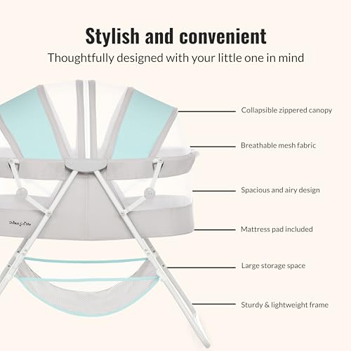 Dream On Me Karley Bassinet in Blue & Grey, Lightweight Portable Baby Bassinet, Quick Fold and Easy to Carry , Adjustable Double Canopy, Indoor and Outdoor Bassinet with Large Storage Basket.