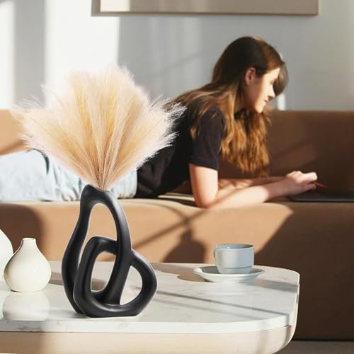 LBOYLOVE® Modern Black Ceramic Flower Vase, 9 Inch Abstract Ceramic Vase for Home Decor Aesthetic, Boho Decorative for Bouquet Pampas Grass, Living Room Bedroom Kitchen Maximalist Decor (Black)