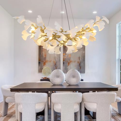 PIOUTNF Branch Chandelier, Modern Dining Table Chandelier, Ceramic Ginkgo Leaf Chandelier, 10 x G9, Dimmable, L91.5 cm, Suitable for Living Room, Hallway, Kitchen, Bedroom, Without Bulb
