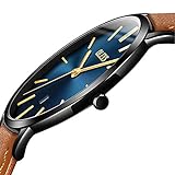 Mens Watch Slim Thin Blue Dial,Luxury Brand Leather Watches for Men,Automatic Calendar Thin Watches,Japanese Quartz Business Men's Watch Waterproof Dress Date Wrist Watch with Black Case