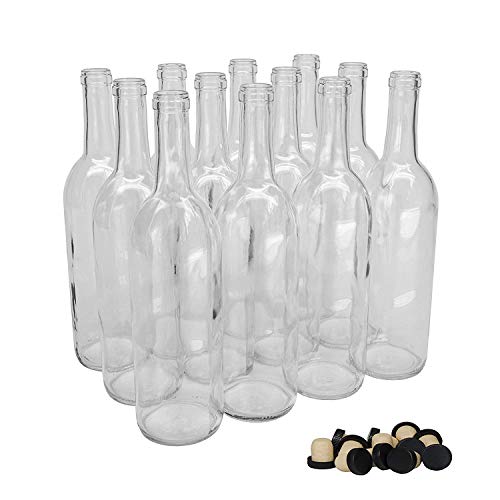 North Mountain Supply 750ml Clear Glass Bordeaux Wine Bottle Flat-Bottomed Cork Finish - with Tasting Corks - Case of 12