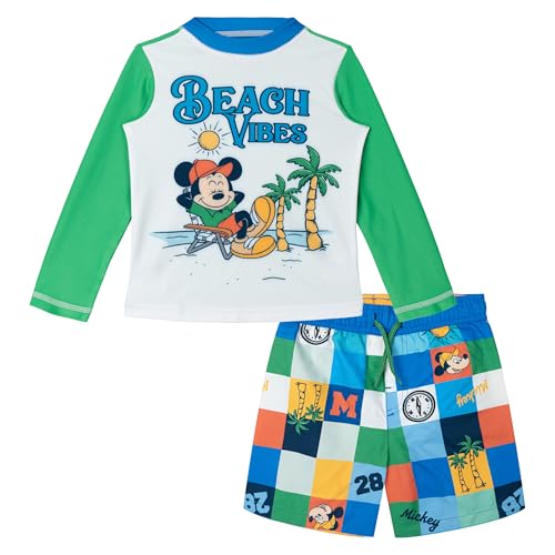 Disney Raglan Rash Guard and Swim Trunks Outfit Set UPF 50+ Infant to Big Kid Sizes (12 Months - 14-16)